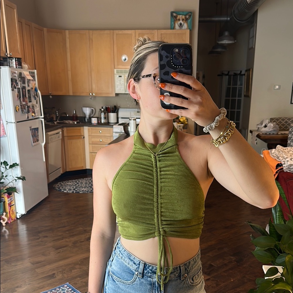 Hello Molly Green Ruched Tie Front Tank Top